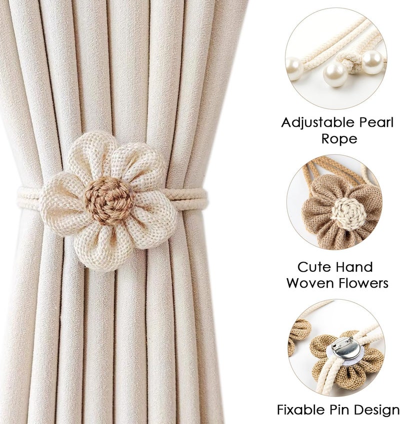 SRG 4pcs Handmade Pearl Curtain Tiebacks Boho Flower Curtain Holdbacks with Buckle Pins Simple Elegant Sunflower Rope Curtain Boho Bedroom Decor（Large Cream&Khaki） - Image 3